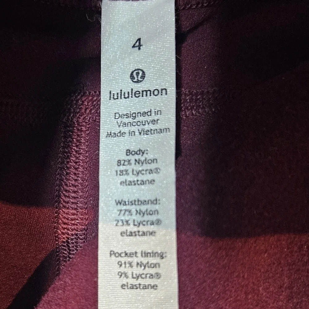 Lululemon Toasty Tech Tight II Legging Maroon Burgandy Red size 4